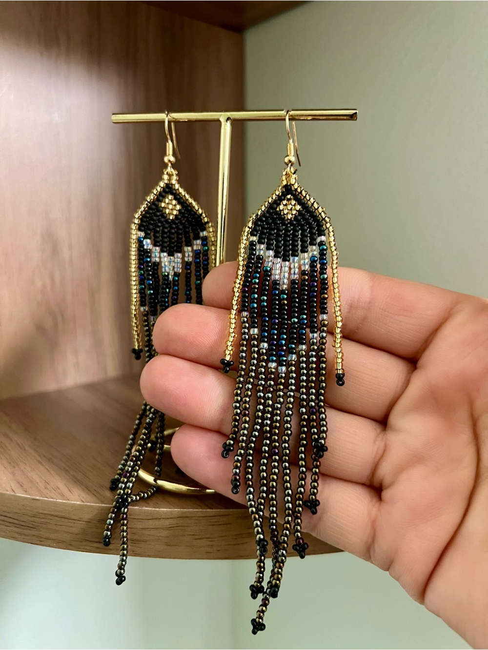 Stylish Gold and Black Seed Bead Fringe Earrings